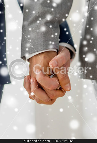 To use this stock image in your creative project, please select the size you need over to the right and click the "Add to Cart" button.
Your downloaded image will come with the Cutcaster watermark removed so don’t worry about the watermark you see on this page. close up of male gay couple holding hands stock photo, people, homosexuality, same-sex marriage and love concept - close up of happy male gay couple holding hands over snow effect by Syda Productions