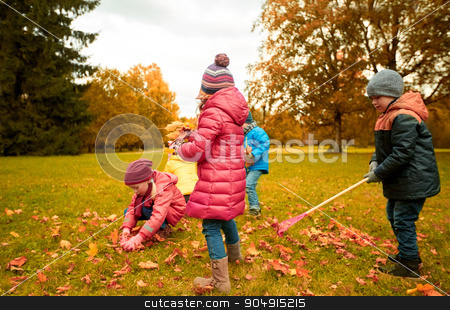 To use this stock image in your creative project, please select the size you need over to the right and click the "Add to Cart" button.
Your downloaded image will come with the Cutcaster watermark removed so don’t worry about the watermark you see on this page. group of children collecting leaves in autumn park stock photo, childhood, leisure, autumn, friendship and people concept - group of children with rack collecting and racking leaves in park by Syda Productions