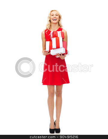 To use this stock image in your creative project, please select the size you need over to the right and click the "Add to Cart" button.
Your downloaded image will come with the Cutcaster watermark removed so don’t worry about the watermark you see on this page. happy young woman in red dress holding gift boxes stock photo, people, christmas, birthday and holidays concept - happy young woman in red dress holding gift boxes by Syda Productions
