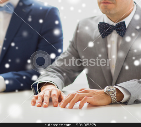 To use this stock image in your creative project, please select the size you need over to the right and click the "Add to Cart" button.
Your downloaded image will come with the Cutcaster watermark removed so don’t worry about the watermark you see on this page. close up of happy male gay couple hands on wedding stock photo, people, homosexuality, same-sex marriage and love concept - close up of happy male gay couple hands on wedding over snow effect by Syda Productions