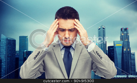 To use this stock image in your creative project, please select the size you need over to the right and click the "Add to Cart" button.
Your downloaded image will come with the Cutcaster watermark removed so don’t worry about the watermark you see on this page. businessman in suit having head ache stock photo, business, people, crisis and fail concept - businessman in suit having head ache over city background by Syda Productions
