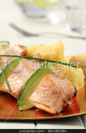 To use this stock image in your creative project, please select the size you need over to the right and click the "Add to Cart" button.
Your downloaded image will come with the Cutcaster watermark removed so don’t worry about the watermark you see on this page. Salmon and avocado skewer stock photo, Salmon and avocado skewer with mashed potato by Digifoodstock