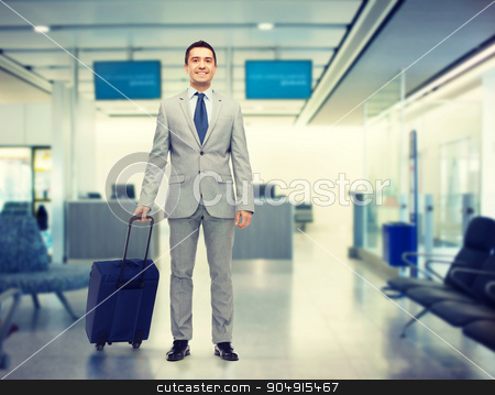 To use this stock image in your creative project, please select the size you need over to the right and click the "Add to Cart" button.
Your downloaded image will come with the Cutcaster watermark removed so don’t worry about the watermark you see on this page. happy businessman in suit with travel bag stock photo, business trip, traveling, luggage and people concept - happy businessman in suit with travel bag over airport background by Syda Productions