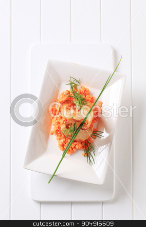To use this stock image in your creative project, please select the size you need over to the right and click the "Add to Cart" button.
Your downloaded image will come with the Cutcaster watermark removed so don’t worry about the watermark you see on this page. Red lentils stock photo, Red lentils garnished with crispy bread and chives by Digifoodstock
