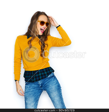 To use this stock image in your creative project, please select the size you need over to the right and click the "Add to Cart" button.
Your downloaded image will come with the Cutcaster watermark removed so don’t worry about the watermark you see on this page. happy young woman or teen girl in casual clothes stock photo, people, style and fashion concept - happy young woman or teen girl in casual clothes and sunglasses having fun by Syda Productions