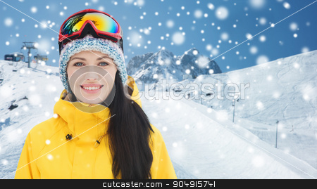To use this stock image in your creative project, please select the size you need over to the right and click the "Add to Cart" button.
Your downloaded image will come with the Cutcaster watermark removed so don’t worry about the watermark you see on this page. happy young woman in ski goggles over mountains stock photo, winter, leisure, sport and people concept - happy young woman in ski goggles over snow and mountain background by Syda Productions