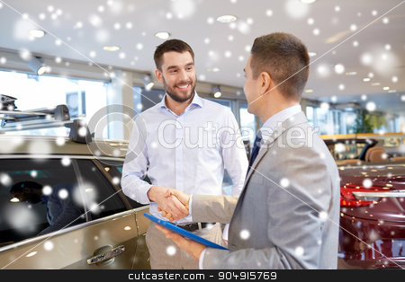 To use this stock image in your creative project, please select the size you need over to the right and click the "Add to Cart" button.
Your downloaded image will come with the Cutcaster watermark removed so don’t worry about the watermark you see on this page. happy man shaking hands in auto show or salon stock photo, auto business, car sale, technology, gesture and people concept - happy man and car dealer with tablet pc computer shaking hands in auto show or salon over snow effect by Syda Productions