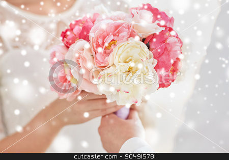 To use this stock image in your creative project, please select the size you need over to the right and click the "Add to Cart" button.
Your downloaded image will come with the Cutcaster watermark removed so don’t worry about the watermark you see on this page. close up of happy lesbian couple with flowers stock photo, people, homosexuality, same-sex marriage and love concept - close up of happy married lesbian couple with flower bunch over snow effect by Syda Productions