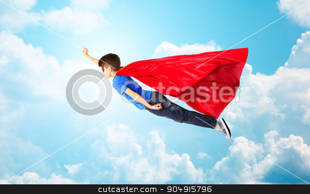 To use this stock image in your creative project, please select the size you need over to the right and click the "Add to Cart" button.
Your downloaded image will come with the Cutcaster watermark removed so don’t worry about the watermark you see on this page. boy in red superhero cape and mask flying on air stock photo, imagination, freedom, childhood, movement and people concept - boy in red superhero cape and mask flying in air over blue sky and clouds background by Syda Productions