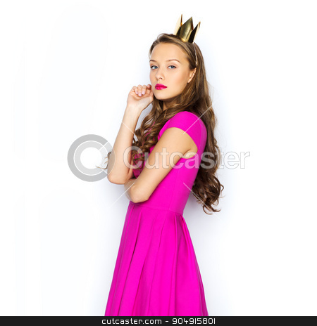 To use this stock image in your creative project, please select the size you need over to the right and click the "Add to Cart" button.
Your downloaded image will come with the Cutcaster watermark removed so don’t worry about the watermark you see on this page. young woman or teen girl in pink dress stock photo, people, holidays and fashion concept - young woman or teen girl in pink dress and princess crown by Syda Productions