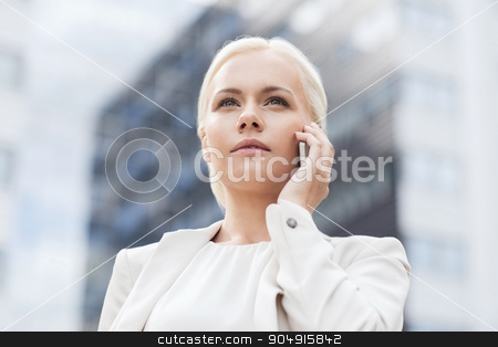 To use this stock image in your creative project, please select the size you need over to the right and click the "Add to Cart" button.
Your downloaded image will come with the Cutcaster watermark removed so don’t worry about the watermark you see on this page. serious businesswoman with smartphone outdoors stock photo, business, technology and people concept - serious businesswoman with smartphone talking over office building by Syda Productions