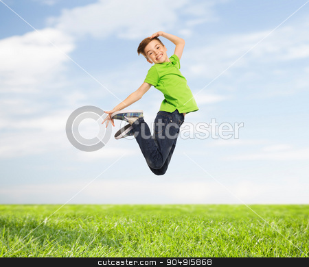 To use this stock image in your creative project, please select the size you need over to the right and click the "Add to Cart" button.
Your downloaded image will come with the Cutcaster watermark removed so don’t worry about the watermark you see on this page. smiling boy jumping in air stock photo, happiness, childhood, freedom, movement and people concept - smiling boy jumping in air over blue sky and grass background by Syda Productions