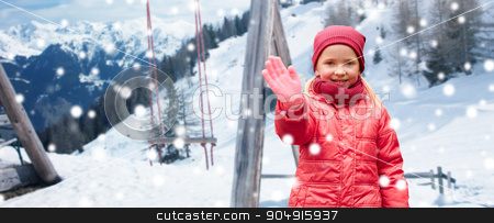 To use this stock image in your creative project, please select the size you need over to the right and click the "Add to Cart" button.
Your downloaded image will come with the Cutcaster watermark removed so don’t worry about the watermark you see on this page. happy girl waving hand over winter background stock photo, childhood, gesture, winter holidays, vacation and people concept - happy little girl waving hand over swing and snowy mountains background by Syda Productions