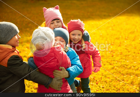 To use this stock image in your creative project, please select the size you need over to the right and click the "Add to Cart" button.
Your downloaded image will come with the Cutcaster watermark removed so don’t worry about the watermark you see on this page. group of happy children hugging in autumn park stock photo, childhood, leisure, friendship and people concept - group of happy kids hugging in autumn park by Syda Productions