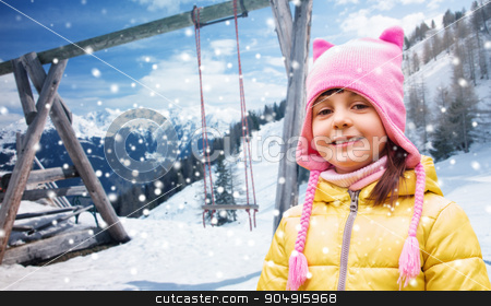 To use this stock image in your creative project, please select the size you need over to the right and click the "Add to Cart" button.
Your downloaded image will come with the Cutcaster watermark removed so don’t worry about the watermark you see on this page. happy beautiful little girl portrait over winter stock photo, childhood, vacation, winter holidays and people concept - happy beautiful little girl portrait outdoors over swing, snow and mountains background by Syda Productions