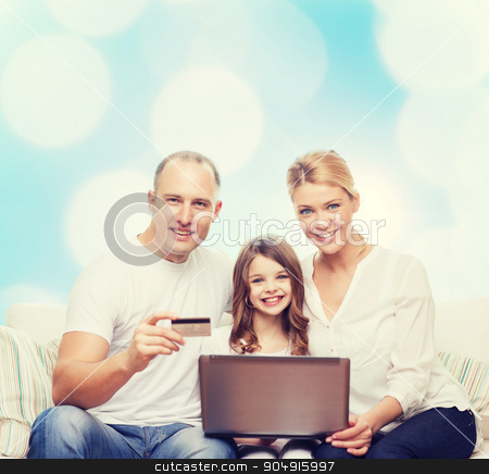 To use this stock image in your creative project, please select the size you need over to the right and click the "Add to Cart" button.
Your downloaded image will come with the Cutcaster watermark removed so don’t worry about the watermark you see on this page. happy family with laptop computer and credit card stock photo, family, holidays, shopping, technology and people concept - happy family with laptop computer and credit card over blue lights background by Syda Productions
