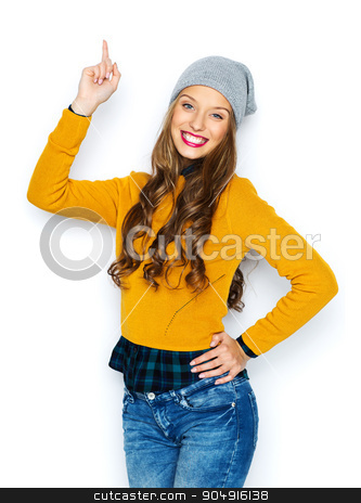 To use this stock image in your creative project, please select the size you need over to the right and click the "Add to Cart" button.
Your downloaded image will come with the Cutcaster watermark removed so don’t worry about the watermark you see on this page. happy young woman or teen girl pointing finger up stock photo, people, style and fashion concept - happy young woman or teen girl in casual clothes and hipster hat pointing finger up by Syda Productions