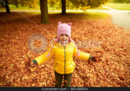 To use this stock image in your creative project, please select the size you need over to the right and click the "Add to Cart" button.
Your downloaded image will come with the Cutcaster watermark removed so don’t worry about the watermark you see on this page. happy girl playing with autumn leaves in park stock photo, autumn, childhood, nature and people concept - happy little girl playing with fallen leaves in park by Syda Productions