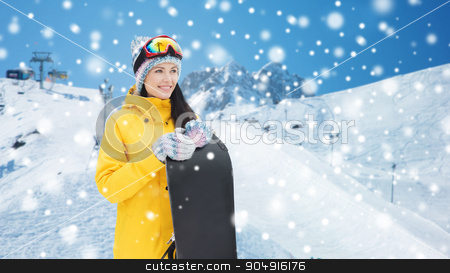 To use this stock image in your creative project, please select the size you need over to the right and click the "Add to Cart" button.
Your downloaded image will come with the Cutcaster watermark removed so don’t worry about the watermark you see on this page. happy young woman with snowboard over mountains stock photo, winter, leisure, sport and people concept - happy young woman in ski goggles with snowboard over snow and mountain background by Syda Productions