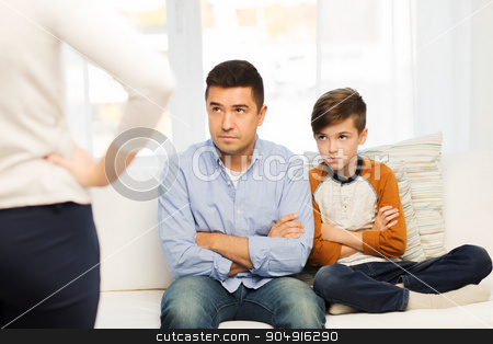 To use this stock image in your creative project, please select the size you need over to the right and click the "Add to Cart" button.
Your downloaded image will come with the Cutcaster watermark removed so don’t worry about the watermark you see on this page. upset or displeased father, son and mother at home stock photo, people, misbehavior, family and relations concept - upset feeling guilty or displeased father, son and angry mother at home by Syda Productions