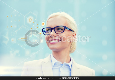 To use this stock image in your creative project, please select the size you need over to the right and click the "Add to Cart" button.
Your downloaded image will come with the Cutcaster watermark removed so don’t worry about the watermark you see on this page. young smiling businesswoman in eyeglasses outdoors stock photo, business, people, development and future technology concept - young smiling businesswoman in eyeglasses with virtual screen and charts projection outdoors by Syda Productions