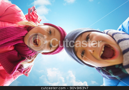 To use this stock image in your creative project, please select the size you need over to the right and click the "Add to Cart" button.
Your downloaded image will come with the Cutcaster watermark removed so don’t worry about the watermark you see on this page. happy little boy and girl faces over blue sky stock photo, childhood, leisure, friendship, autumn and people concept - happy boy and girl faces outdoors over blue sky and clouds background by Syda Productions