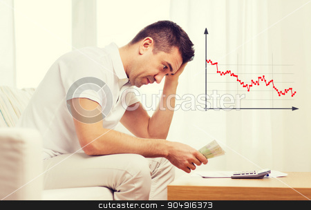 To use this stock image in your creative project, please select the size you need over to the right and click the "Add to Cart" button.
Your downloaded image will come with the Cutcaster watermark removed so don’t worry about the watermark you see on this page. man with money and calculator at home stock photo, business, savings, financial crisis and people concept - upset man with money and calculator at home by Syda Productions