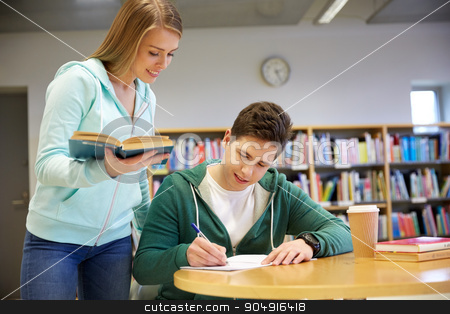 To use this stock image in your creative project, please select the size you need over to the right and click the "Add to Cart" button.
Your downloaded image will come with the Cutcaster watermark removed so don’t worry about the watermark you see on this page. happy students preparing to exams in library stock photo, people, knowledge, education and school concept - happy students with book preparing to exams in library by Syda Productions