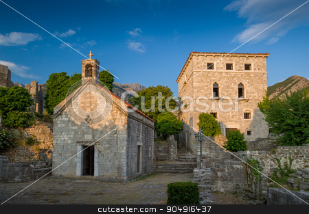 To use this stock image in your creative project, please select the size you need over to the right and click the "Add to Cart" button.
Your downloaded image will come with the Cutcaster watermark removed so don’t worry about the watermark you see on this page. Old Bar fortress buildings at sunset, Montenegro stock photo, Bar town fortress church of St Jovan and museum tower. Evening warm light, Montenegro by Alexander Nikiforov