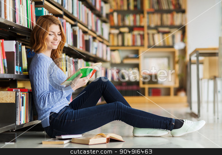 To use this stock image in your creative project, please select the size you need over to the right and click the "Add to Cart" button.
Your downloaded image will come with the Cutcaster watermark removed so don’t worry about the watermark you see on this page. happy student girl reading book in library stock photo, people, knowledge, education and school concept - happy student girl sitting on floor and reading book in library by Syda Productions