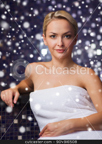 To use this stock image in your creative project, please select the size you need over to the right and click the "Add to Cart" button.
Your downloaded image will come with the Cutcaster watermark removed so don’t worry about the watermark you see on this page. beautiful woman sitting in bath towel at sauna stock photo, people, beauty, spa, healthy lifestyle and relaxation concept - beautiful young woman sitting in bath towel at sauna with snow effect by Syda Productions
