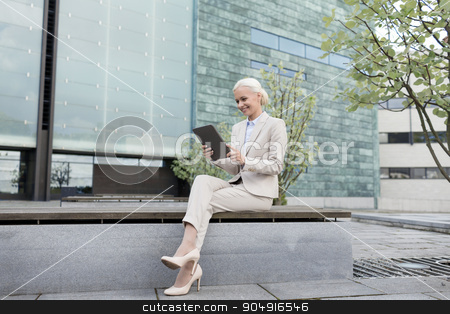 To use this stock image in your creative project, please select the size you need over to the right and click the "Add to Cart" button.
Your downloaded image will come with the Cutcaster watermark removed so don’t worry about the watermark you see on this page. smiling businesswoman with tablet pc outdoors stock photo, business, education, technology and people concept - smiling businesswoman working with tablet pc computer on city street by Syda Productions
