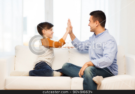 To use this stock image in your creative project, please select the size you need over to the right and click the "Add to Cart" button.
Your downloaded image will come with the Cutcaster watermark removed so don’t worry about the watermark you see on this page. happy father and son doing high five at home stock photo, family, gesture, fatherhood, generation and people concept - happy father and son doing high five at home by Syda Productions