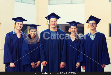 To use this stock image in your creative project, please select the size you need over to the right and click the "Add to Cart" button.
Your downloaded image will come with the Cutcaster watermark removed so don’t worry about the watermark you see on this page. group of smiling students in mortarboards stock photo, education, graduation and people concept - group of smiling students in mortarboards and gowns outdoors by Syda Productions