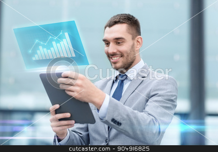 To use this stock image in your creative project, please select the size you need over to the right and click the "Add to Cart" button.
Your downloaded image will come with the Cutcaster watermark removed so don’t worry about the watermark you see on this page. smiling businessman with tablet pc outdoors stock photo, business, development, technology and people concept - smiling businessman working with tablet pc computer and virtual growth chart on city street by Syda Productions