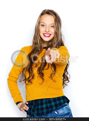 To use this stock image in your creative project, please select the size you need over to the right and click the "Add to Cart" button.
Your downloaded image will come with the Cutcaster watermark removed so don’t worry about the watermark you see on this page. happy young woman or teen pointing finger on you stock photo, people, style and fashion concept - happy young woman or teen girl in casual clothes pointing finger on you by Syda Productions