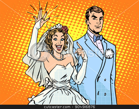 To use this stock image in your creative project, please select the size you need over to the right and click the "Add to Cart" button.
Your downloaded image will come with the Cutcaster watermark removed so don’t worry about the watermark you see on this page. Wedding groom and happy bride stock vector clipart, Wedding groom and happy bride pop art retro style. A woman and a gold wedding ring. Love and relationships men and women by studiostoks