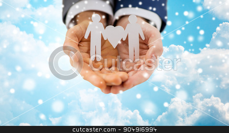 To use this stock image in your creative project, please select the size you need over to the right and click the "Add to Cart" button.
Your downloaded image will come with the Cutcaster watermark removed so don’t worry about the watermark you see on this page. close up of happy male gay couple with love symbol stock photo, people, homosexuality, same-sex marriage and love concept - close up of happy male gay couple holding paper cutout love symbol over blue sky and clouds background over snow effect by Syda Productions