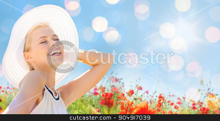 To use this stock image in your creative project, please select the size you need over to the right and click the "Add to Cart" button.
Your downloaded image will come with the Cutcaster watermark removed so don’t worry about the watermark you see on this page. smiling young woman in straw hat on poppy field stock photo, happiness, nature, summer, vacation and people concept - smiling young woman with closed eyes wearing straw hat on poppy field by Syda Productions