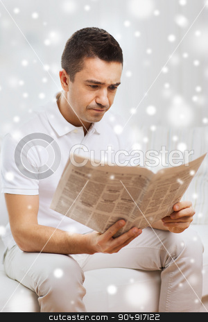 To use this stock image in your creative project, please select the size you need over to the right and click the "Add to Cart" button.
Your downloaded image will come with the Cutcaster watermark removed so don’t worry about the watermark you see on this page. sad man reading newspaper at home stock photo, leisure, information, people and mass media concept - sad man reading newspaper at home with snow effect by Syda Productions
