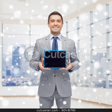 To use this stock image in your creative project, please select the size you need over to the right and click the "Add to Cart" button.
Your downloaded image will come with the Cutcaster watermark removed so don’t worry about the watermark you see on this page. happy businessman in suit showing tablet pc screen stock photo, business, people and technology concept - happy smiling businessman in suit showing tablet pc computer black blank screen over city office window background and snow effect by Syda Productions