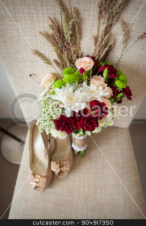 To use this stock image in your creative project, please select the size you need over to the right and click the "Add to Cart" button.
Your downloaded image will come with the Cutcaster watermark removed so don’t worry about the watermark you see on this page. Bridal bouquet and bride shoes stock photo, Bridal bouquet and bride shoes. by timonko