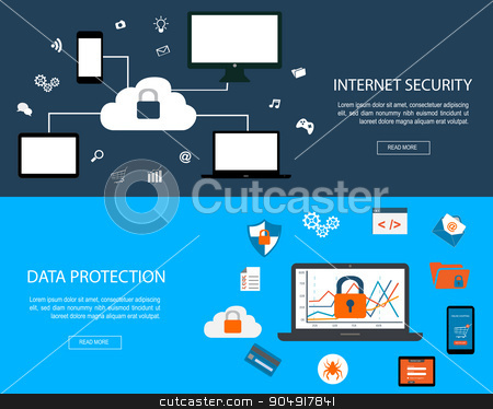 To use this stock image in your creative project, please select the size you need over to the right and click the "Add to Cart" button.
Your downloaded image will come with the Cutcaster watermark removed so don’t worry about the watermark you see on this page. Flat designed banner stock vector clipart, Set of flat design concepts for Internet Security and Data Protection by monicaodo
