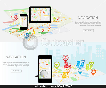 To use this stock image in your creative project, please select the size you need over to the right and click the "Add to Cart" button.
Your downloaded image will come with the Cutcaster watermark removed so don’t worry about the watermark you see on this page. Flat designed banners stock vector clipart, Mobile navigation concept. Modern set of flat design concepts with city map gps navigator on smartphone and tablet screen. Concepts web banner web sites, infographics and printed materials. by monicaodo