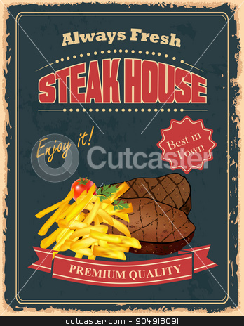 To use this stock image in your creative project, please select the size you need over to the right and click the "Add to Cart" button.
Your downloaded image will come with the Cutcaster watermark removed so don’t worry about the watermark you see on this page. Vintage Steak House poster stock vector clipart, Vintage Steak House poster design with french fry and delicious beef steakes by monicaodo