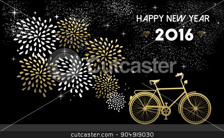 To use this stock image in your creative project, please select the size you need over to the right and click the "Add to Cart" button.
Your downloaded image will come with the Cutcaster watermark removed so don’t worry about the watermark you see on this page. New Year 2016 bike gold firework night star stock vector clipart, Happy New Year 2016, gold greeting card design with bike silhouette and fireworks in night sky background. EPS10 vector. by Cienpies Design