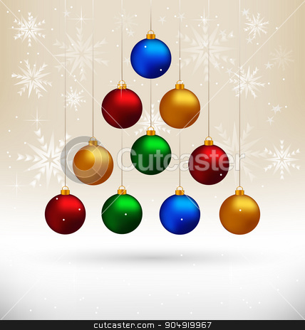 To use this stock image in your creative project, please select the size you need over to the right and click the "Add to Cart" button.
Your downloaded image will come with the Cutcaster watermark removed so don’t worry about the watermark you see on this page. Christmas balls hanging like fir tree on beige stock vector clipart, Ten multicolored Christmas balls hanging like fir tree on beige background with snowflakes by Makkuro_GL