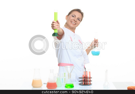 To use this stock image in your creative project, please select the size you need over to the right and click the "Add to Cart" button.
Your downloaded image will come with the Cutcaster watermark removed so don’t worry about the watermark you see on this page. very beautiful Woman chemist and chemicals in flasks, isolated on white stock photo, Woman chemist and chemicals in flasks, isolated on white background by Kopytin Georgy