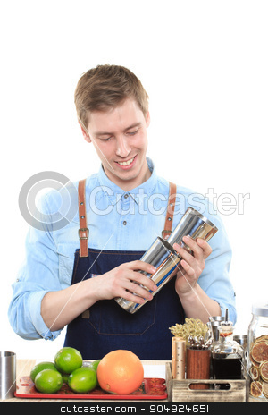 To use this stock image in your creative project, please select the size you need over to the right and click the "Add to Cart" button.
Your downloaded image will come with the Cutcaster watermark removed so don’t worry about the watermark you see on this page. bartender with a shaker and bottle on white background. behind the bar stock photo, Young bartender with a shaker and bottle on white background by Kopytin Georgy