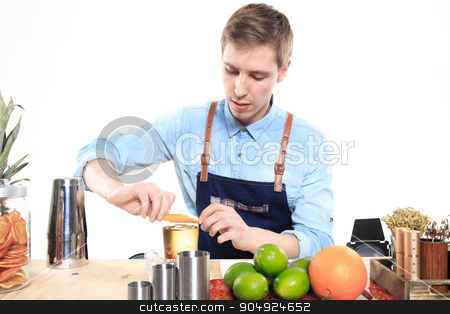 To use this stock image in your creative project, please select the size you need over to the right and click the "Add to Cart" button.
Your downloaded image will come with the Cutcaster watermark removed so don’t worry about the watermark you see on this page. bartender with a shaker and bottle on white background. behind the bar stock photo, Young bartender with a shaker and bottle on white background by Kopytin Georgy